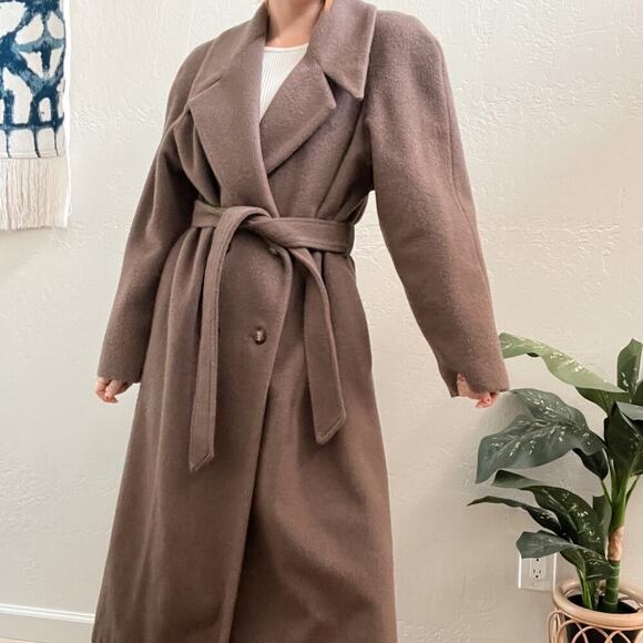 Vintage 1980's Taupe Wool Mohair Oversized Belted Trench Coat - Picture 2 of 12